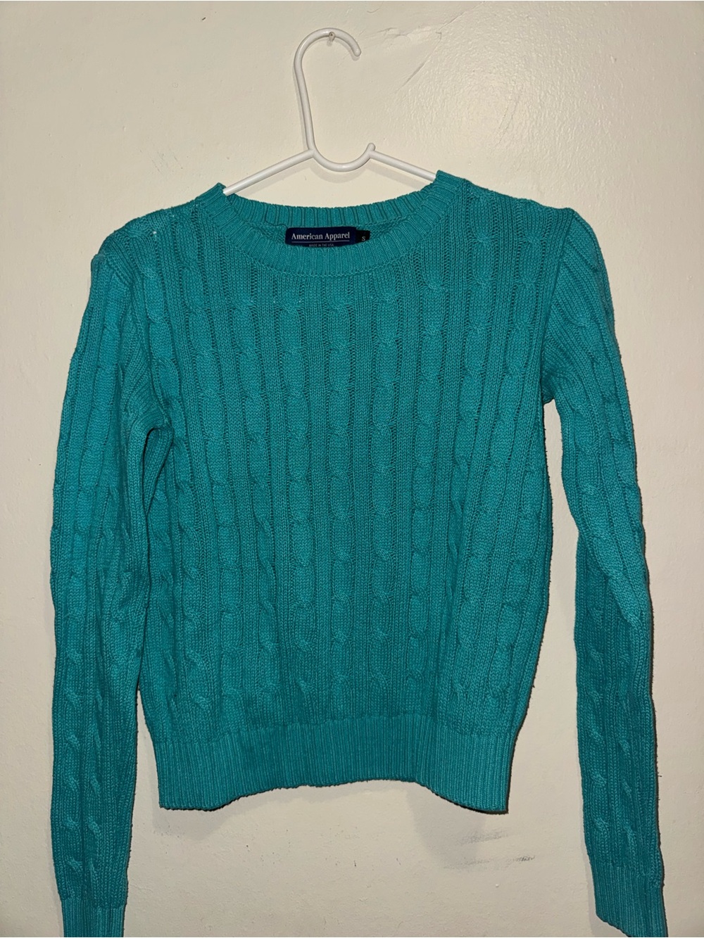 American Apparel Teal Cable Knit Crewneck Sweater
